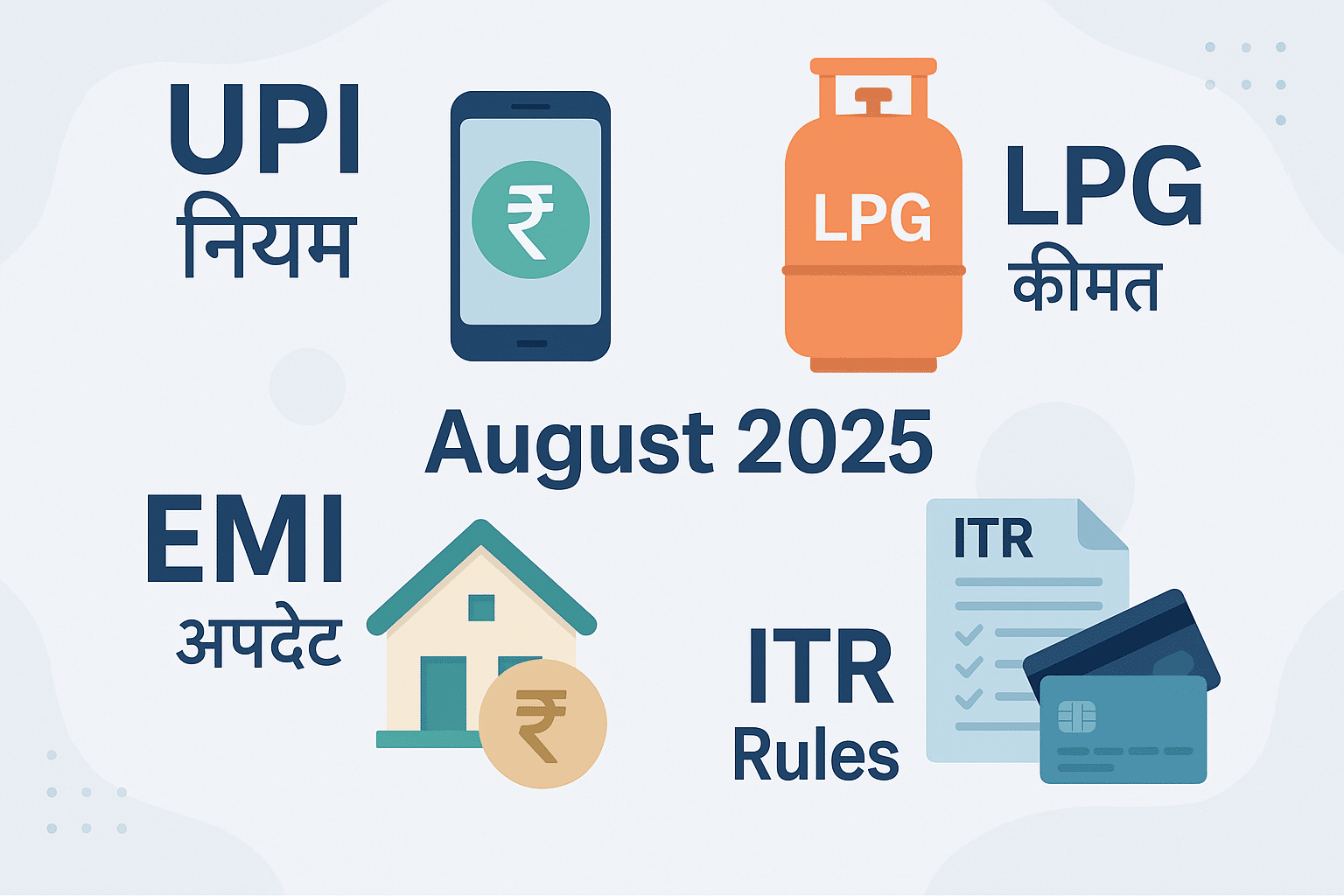 Illustration showing UPI, LPG, EMI, Credit Card, and ITR rule changes in India – August 2025