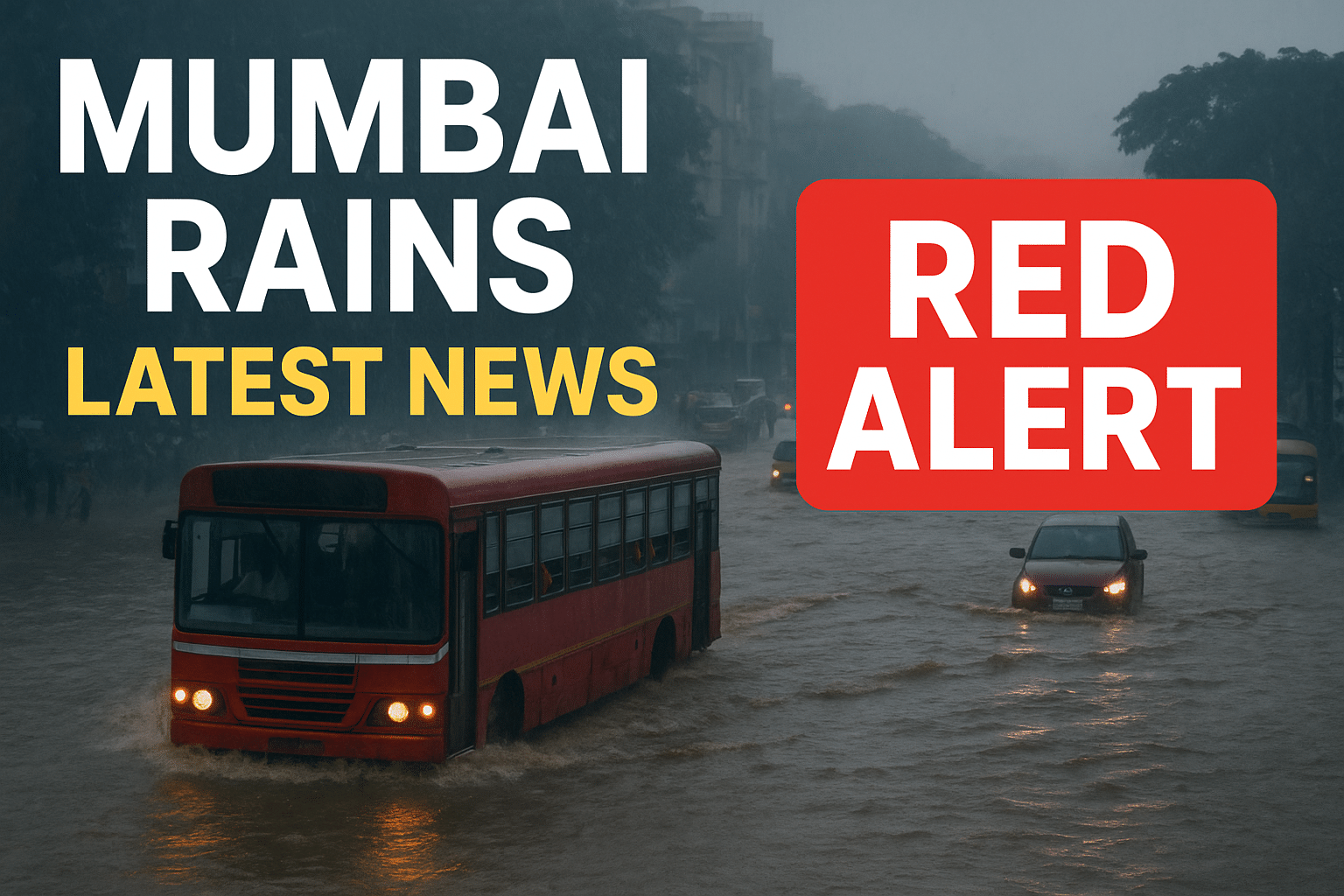 Mumbai rains latest news showing flooded streets, red bus, cars and red alert warning
