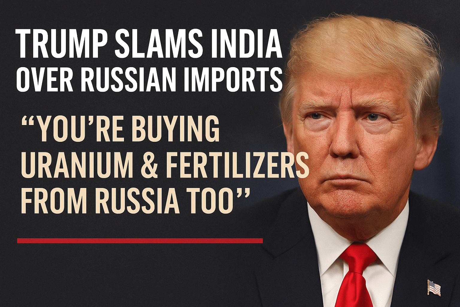 Donald Trump with headline text slamming India for importing uranium and fertilizers from Russia
