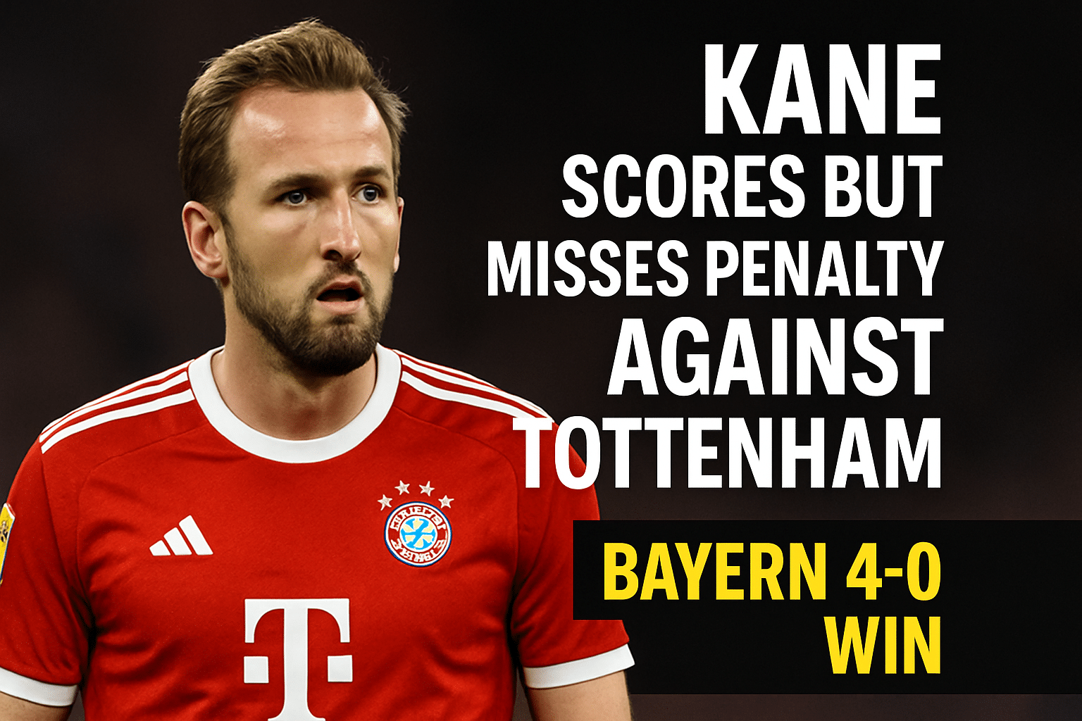 Harry Kane wearing Bayern Munich’s red kit, looking focused during a match, alongside bold headline text about his goal and penalty miss against Tottenham.