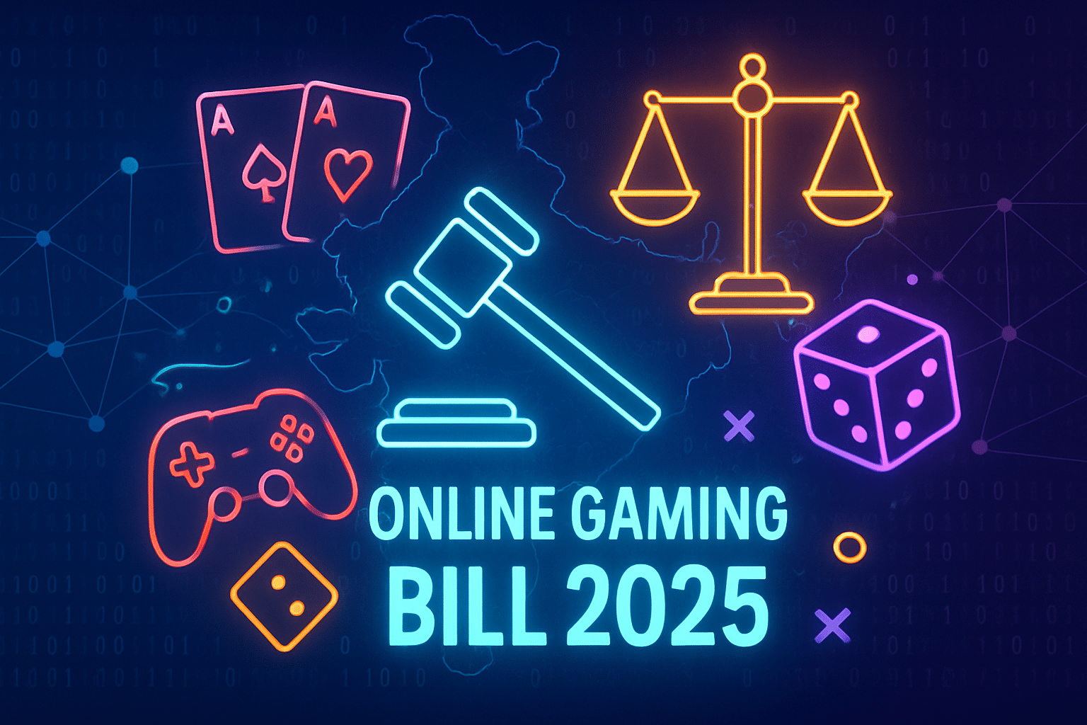 Online Gaming Bill 2025 India regulation illustration with gaming controllers, mobile devices, legal documents, and digital interface elements
