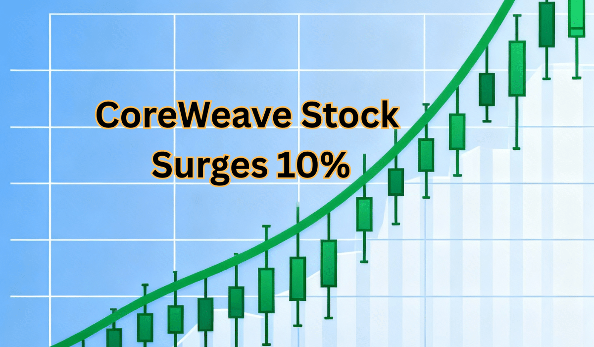 CoreWeave stock chart showing 10% surge with green candlesticks and upward trend line on blue grid background