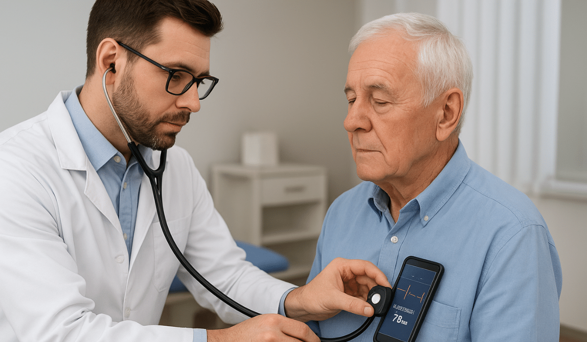 Doctor checking elderly patient with AI-powered stethoscope connected to smartphone showing heart readings