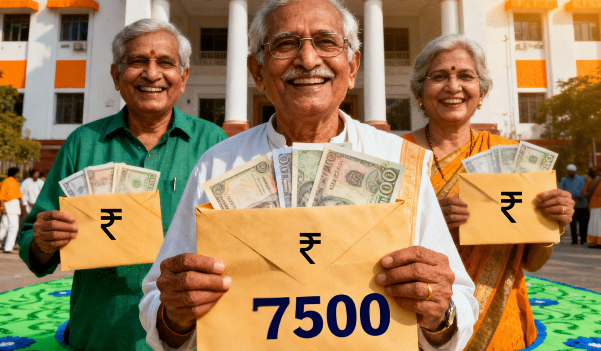 EPFO pension hike 2025 - Happy Indian senior citizens holding ₹7500 pension amount with rupee symbol envelopes in front of government building with saffron and green colors