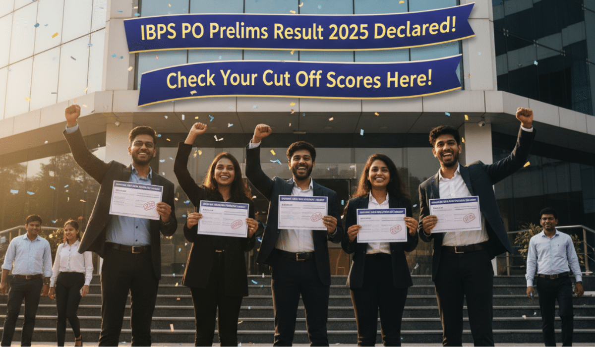 IBPS PO Prelims Result 2025 Cut Off - Diverse graduates celebrating with scorecards outside modern Indian bank building