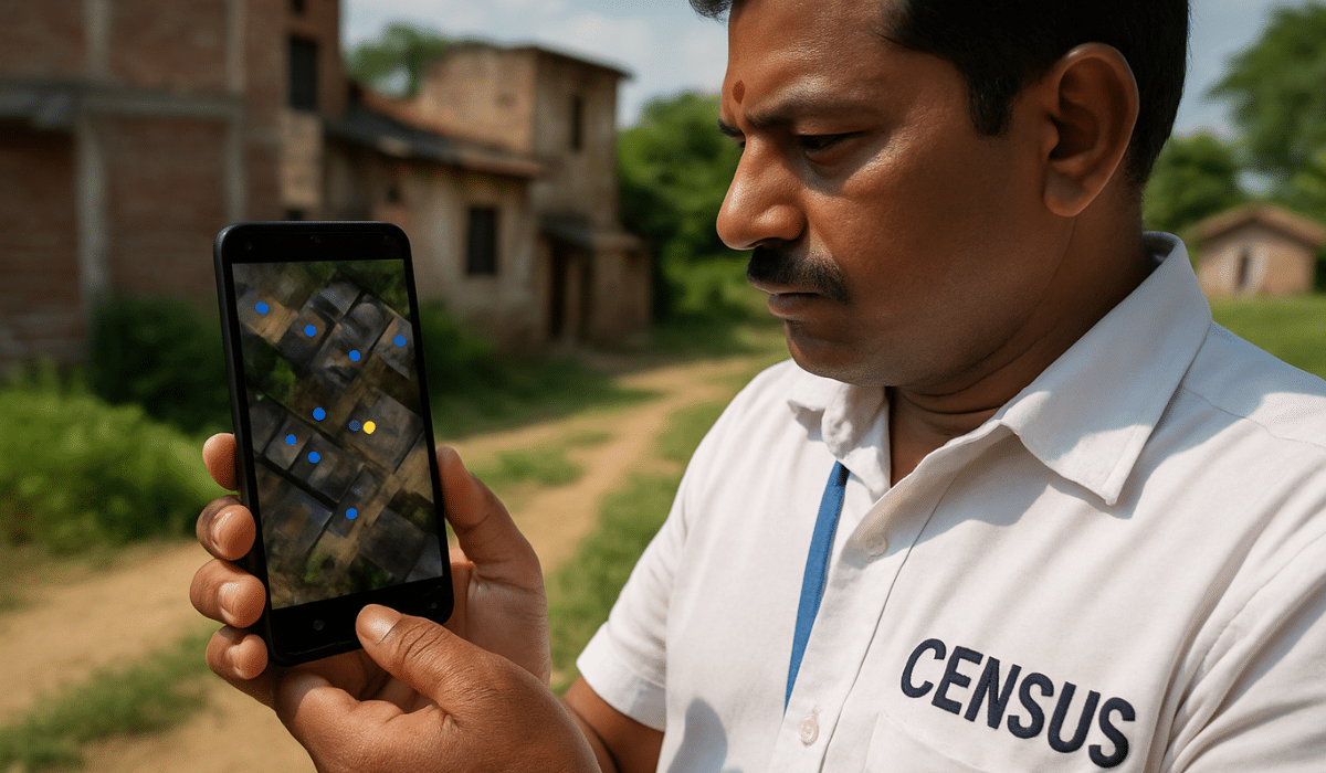 Indian census worker using smartphone for India Smart Map Census 2027 digital mapping