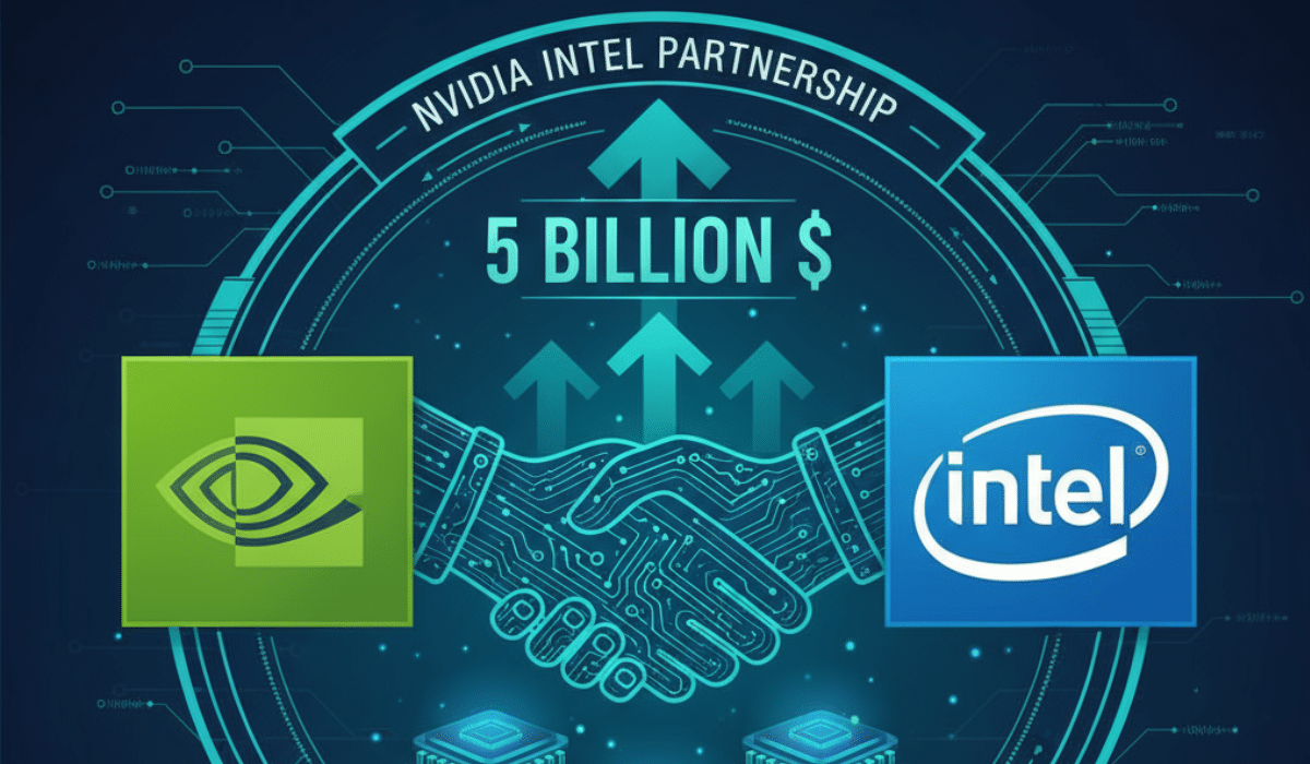 Nvidia Intel partnership 2025 featuring green Nvidia logo and blue Intel logo with $5 billion investment deal handshake graphic and semiconductor circuit board background
