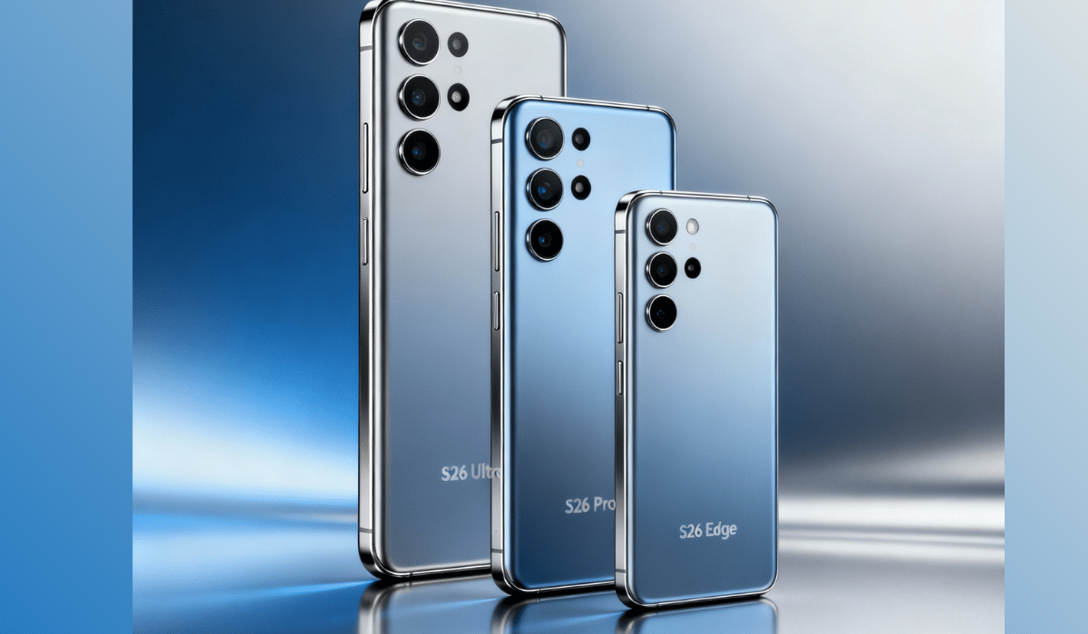 Samsung Galaxy S26 Ultra S26 Pro S26 Edge smartphones with titanium frames and modern camera design January 2026 launch India