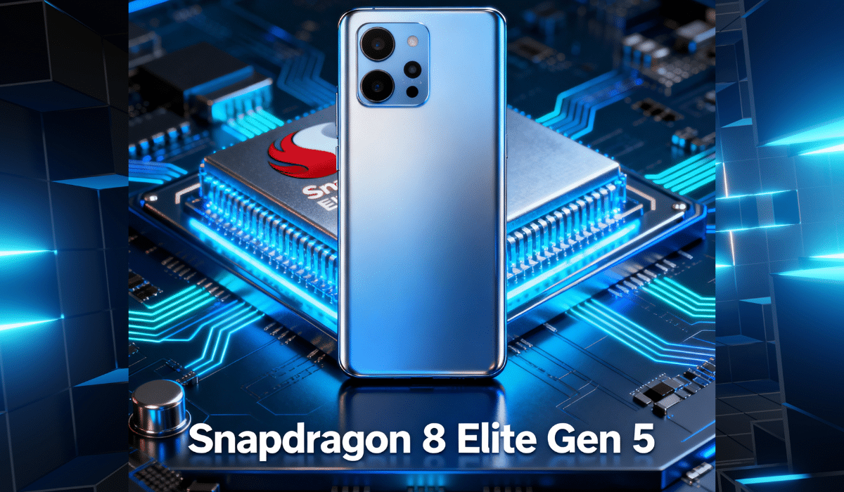 Snapdragon 8 Elite Gen 5 smartphone with glowing blue circuit board background showing advanced chip technology
