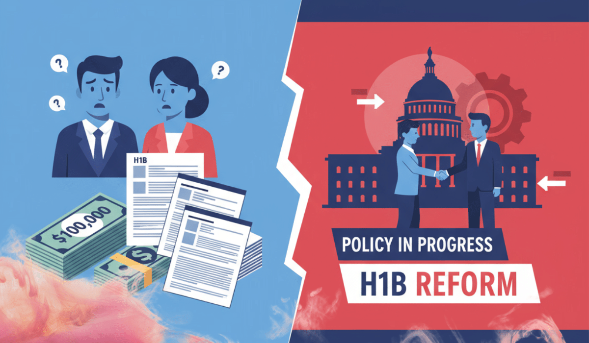 H1B visa fee 100000 dollars policy impact illustration showing money stack and professionals under Trump administration changes