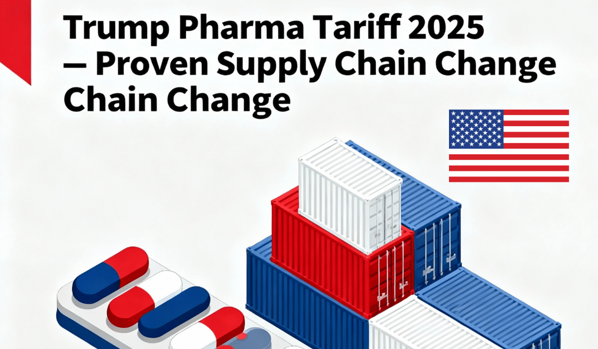 Trump Pharma Tariff 2025 supply chain change illustration with shipping containers and pharmaceutical capsules representing US-India trade impact