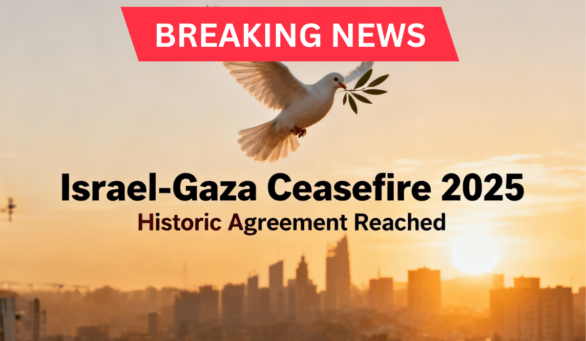 Israel Gaza ceasefire 2025 breaking news with peace dove carrying olive branch over Middle East skyline