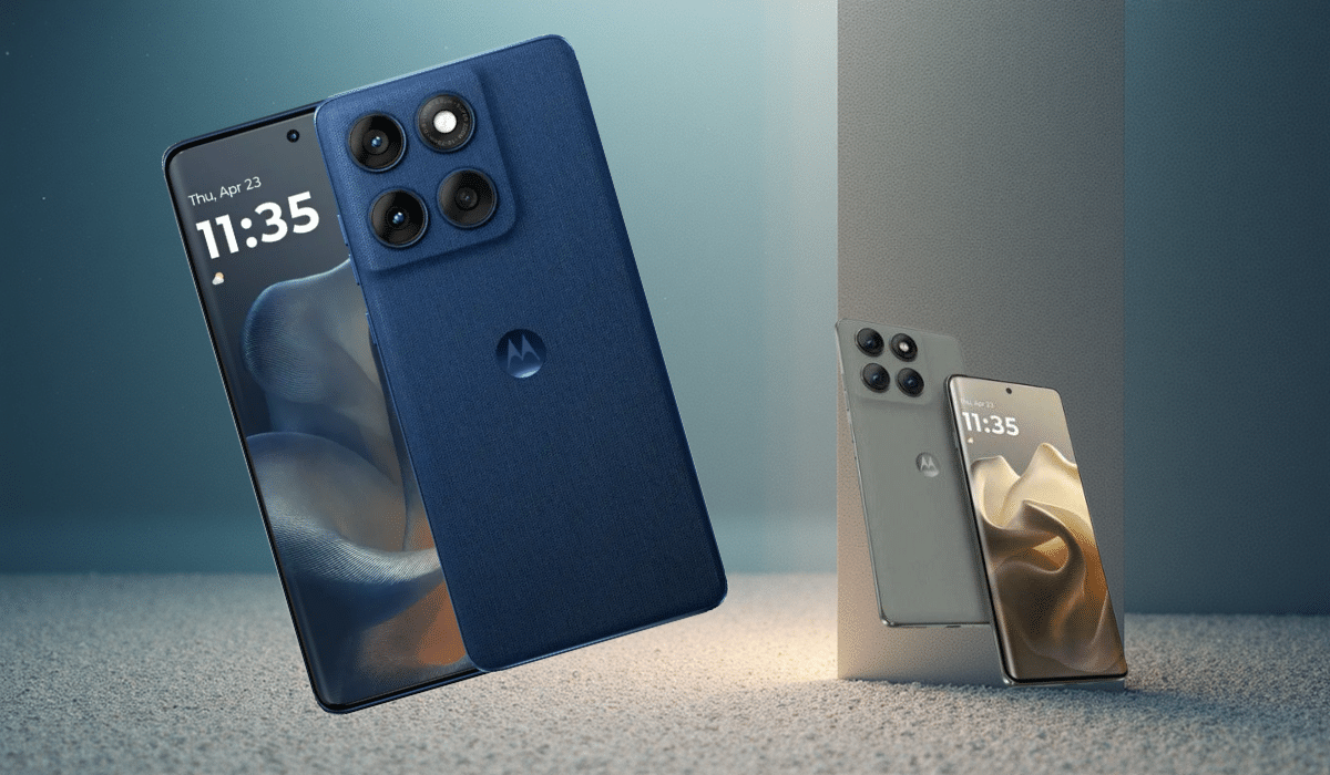 Motorola Edge 60 Pro smartphones in blue and gray colors showing curved display design and quad camera setup specifications 2025