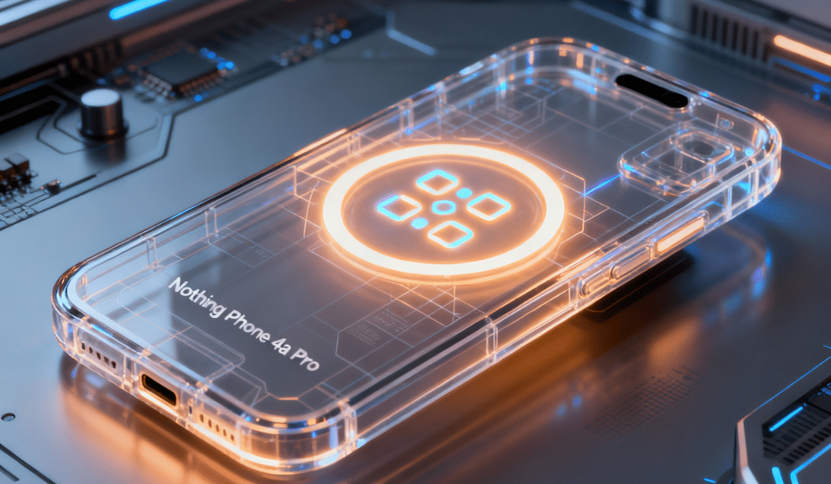 Nothing Phone 4a Pro transparent smartphone with illuminated Glyph interface LED patterns in warm orange glow, showing signature Nothing design aesthetics and model branding on tech circuit background.