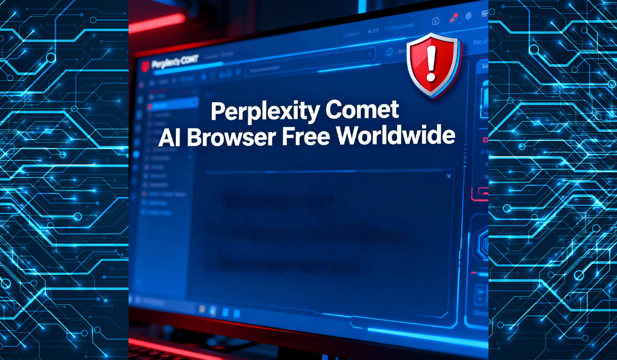 Perplexity Comet AI Browser interface displaying free worldwide availability with red security warning shield icon against futuristic blue circuit board background