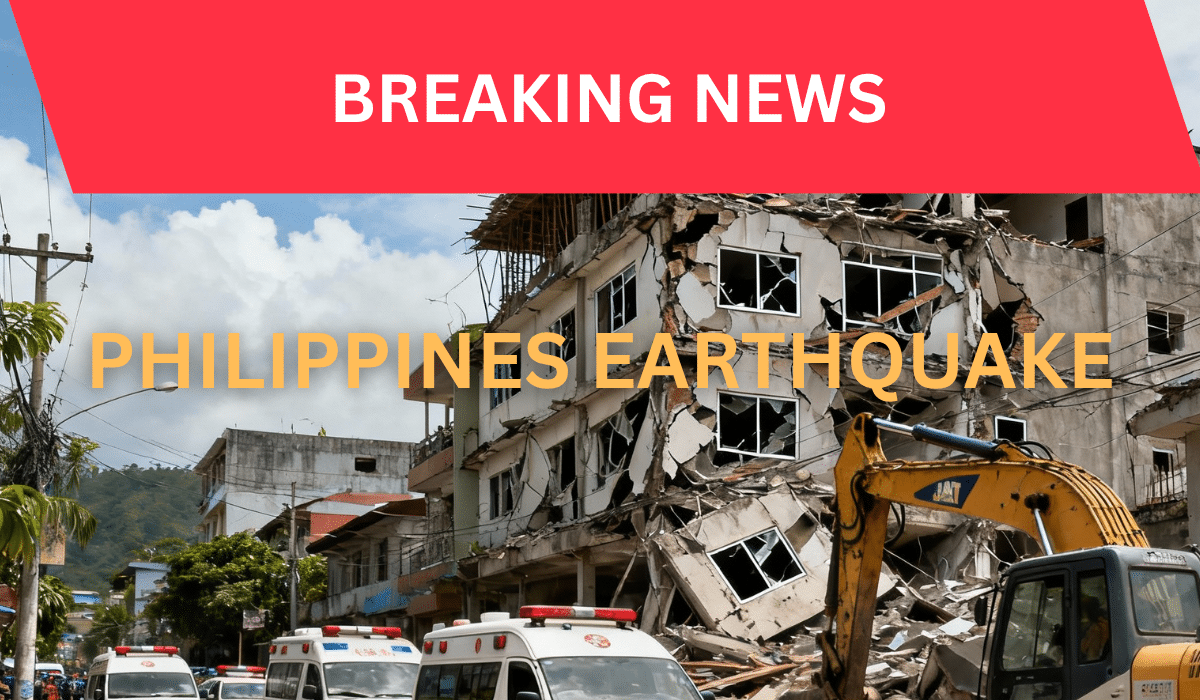 Philippines earthquake 2025 aftermath showing collapsed building damaged rescue operations ambulances excavator debris central Philippines