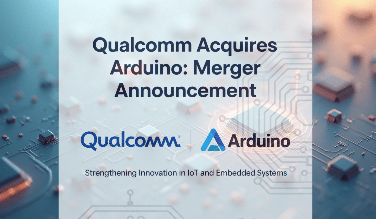 Qualcomm Arduino acquisition 2025 announcement with company logos and circuit board background showing IoT embedded systems merger