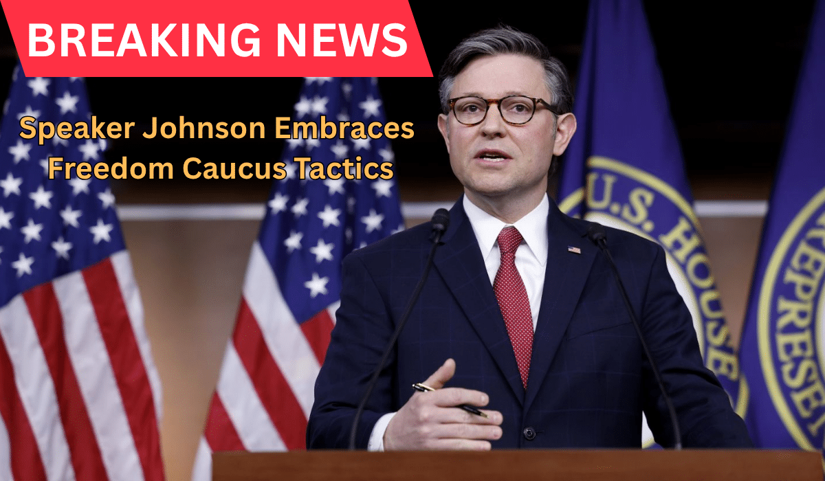House Speaker Mike Johnson addressing press conference about Freedom Caucus shutdown strategy with American flags in background