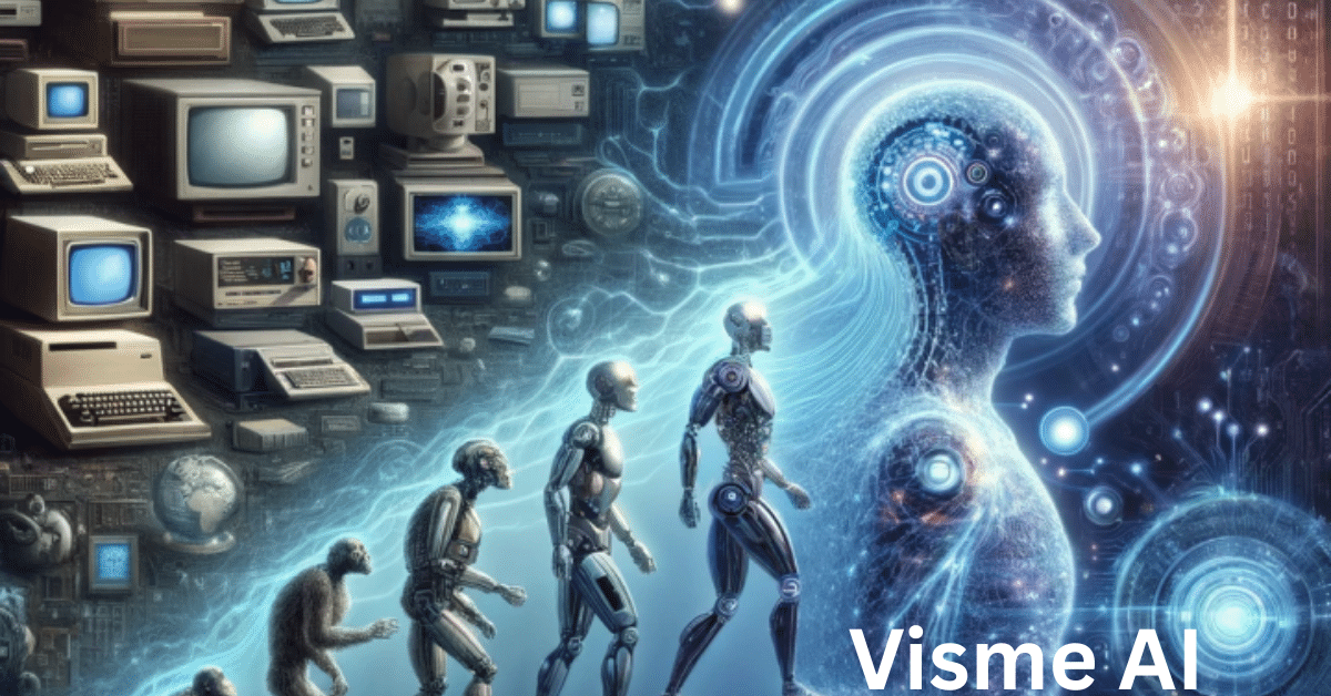A visual representation of technological evolution, starting from an ape evolving into advanced humanoid robots, culminating in an ethereal human figure with a glowing, AI-powered mind. The background features vintage computers progressively modernizing, symbolizing the advancement of technology. The text "Visme AI" is in the bottom right corner.