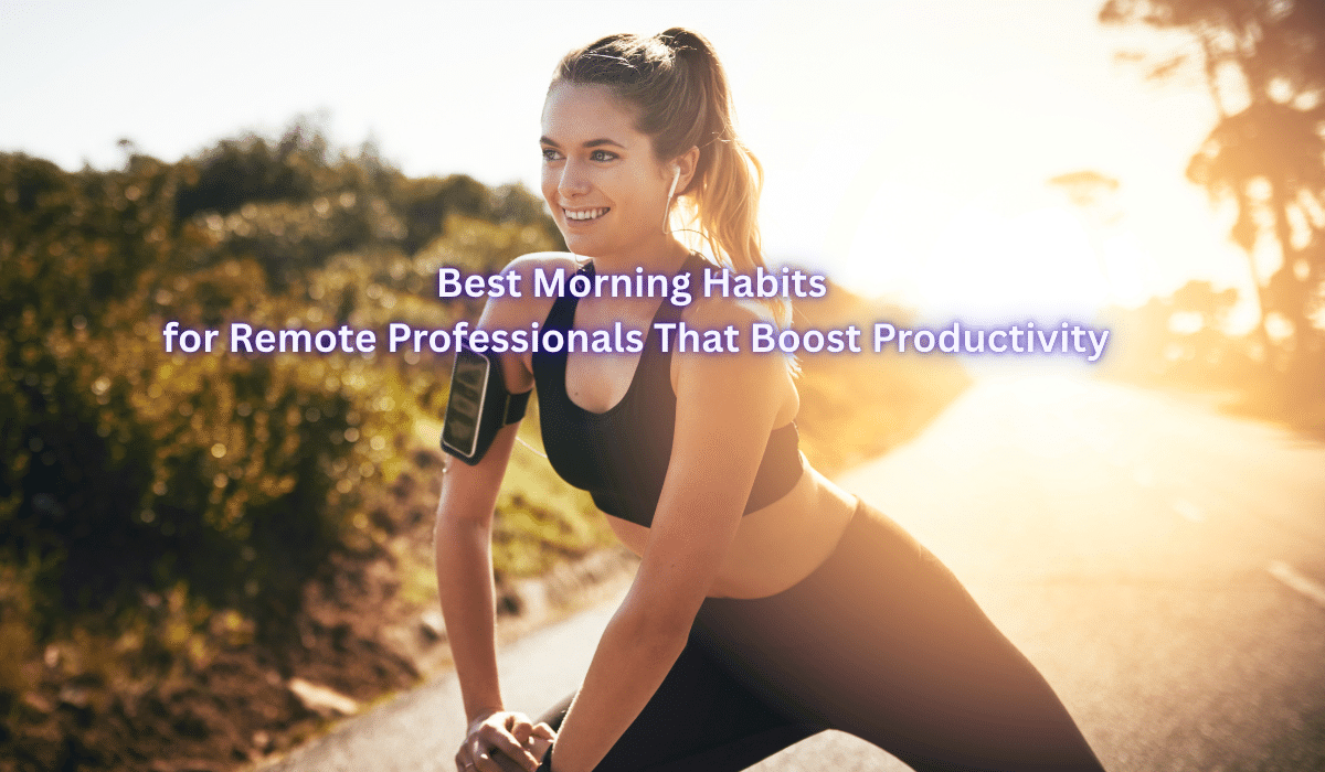 Remote professional woman exercising outdoors at sunrise with fitness tracker and earbuds - best morning habits for remote professionals to boost productivity and establish healthy work-from-home routines