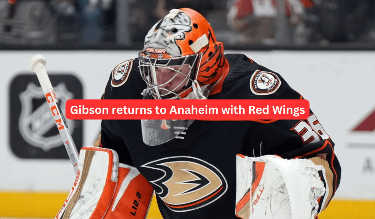 John Gibson in Anaheim Ducks goalie uniform returns to Honda Center with Red Wings for emotional homecoming game against former team