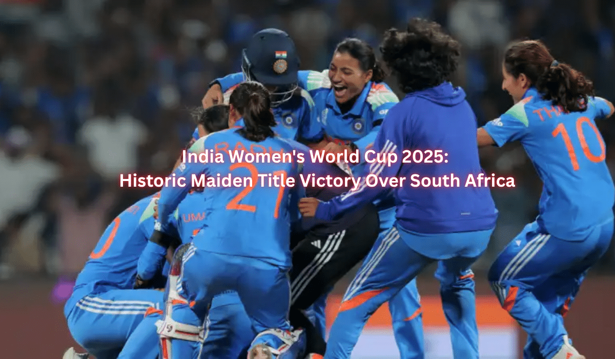 Indian women's cricket team celebrates maiden ICC Women's World Cup 2025 victory at DY Patil Stadium, players in blue jerseys holding trophy and embracing in celebration