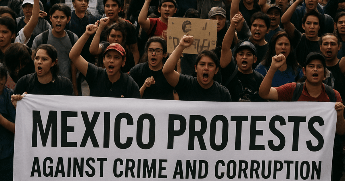 Young protesters in Mexico holding a large banner reading “Mexico Protests Against Crime and Corruption” during a mass demonstration.