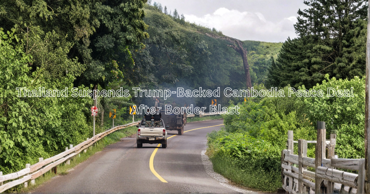 Thai military vehicles patrol a forested border road between Thailand and Cambodia after a landmine blast, symbolizing rising regional tensions.