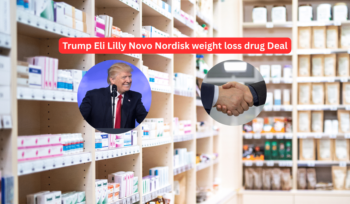 Trump Eli Lilly Novo Nordisk weight loss drug deal, pharmacy background, handshake, announcement