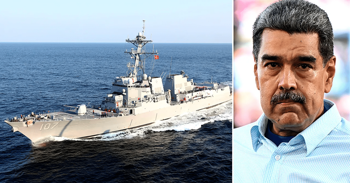 US Navy warship conducting maritime security actions near Venezuela amid escalating US strikes on drug boats, with Venezuelan President Nicolás Maduro shown alongside.