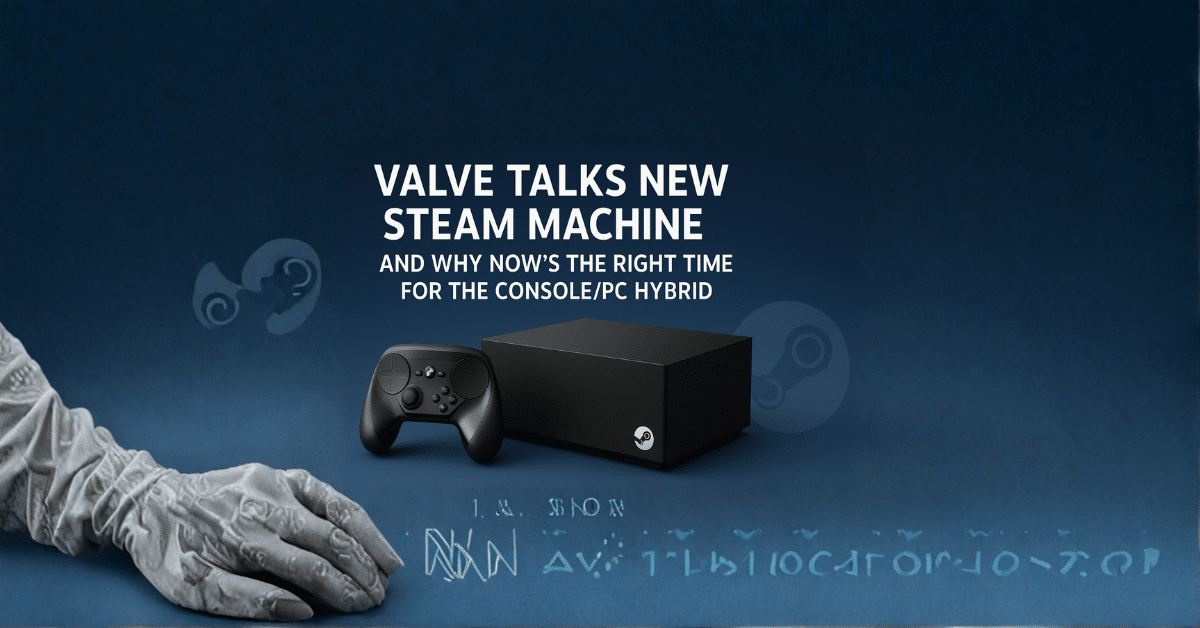 Promotional image featuring Valve’s new Steam Machine console and controller against a dark blue background, highlighting the headline “Valve Talks New Steam Machine and Why Now’s the Right Time for the Console/PC Hybrid.
