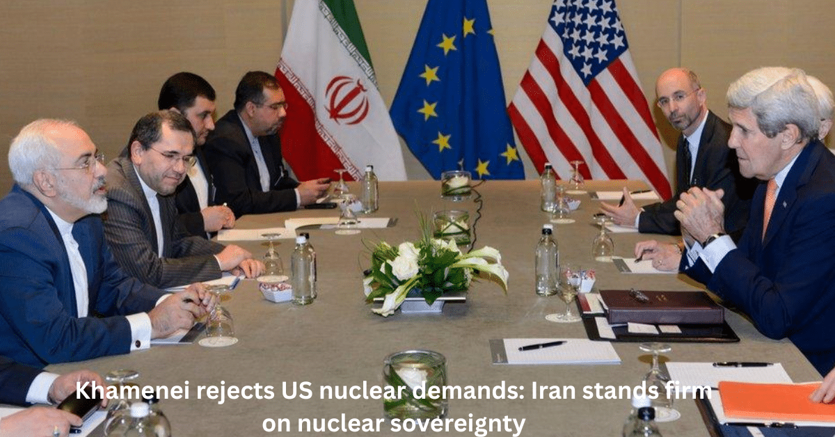 Diplomatic meeting between Iranian and US delegations at a negotiation table, with Iranian, EU, and US flags in the background; both sides are formally dressed and seated for discussions.